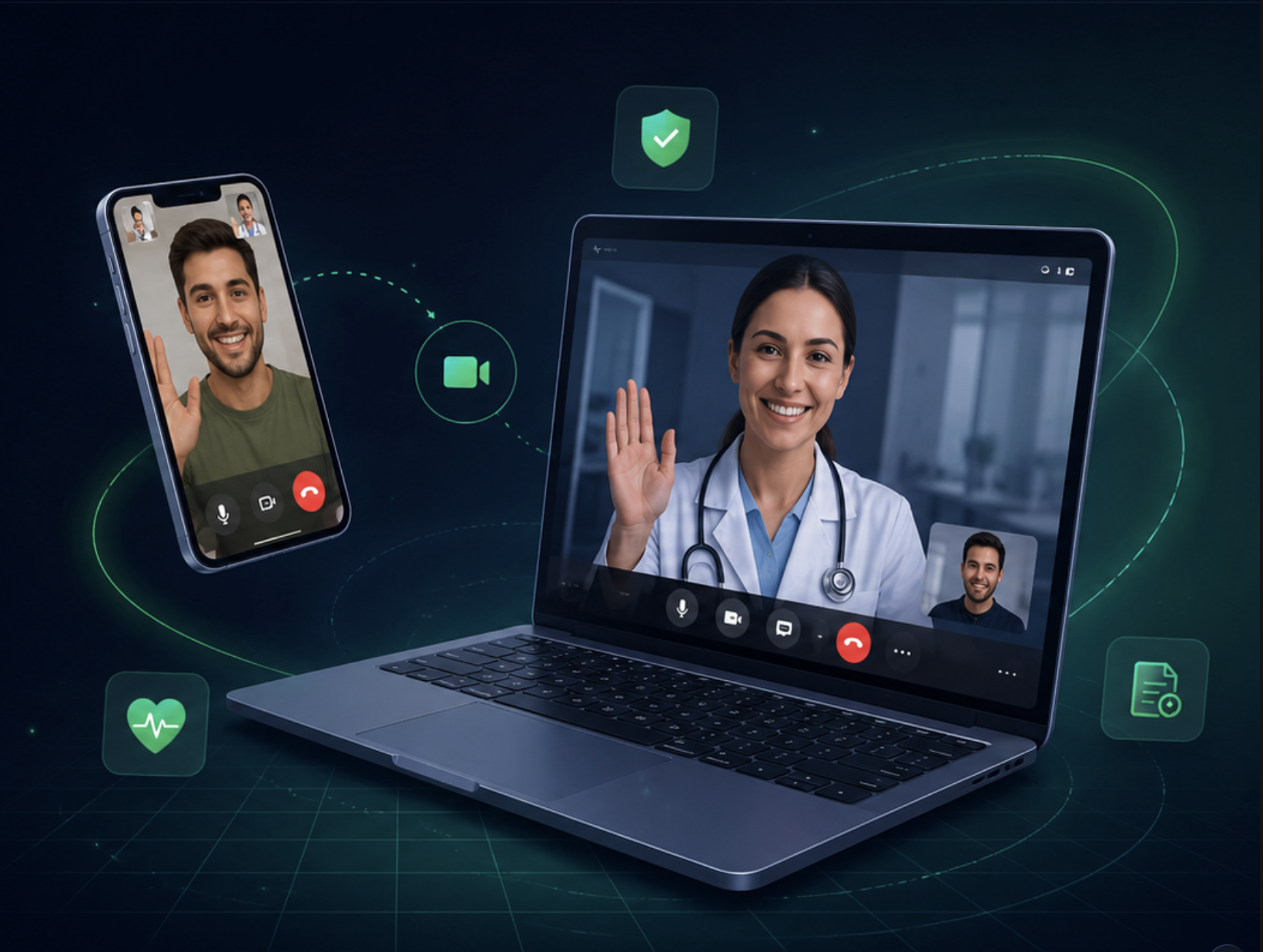 Proofbits video consultation shown on laptop and mobile